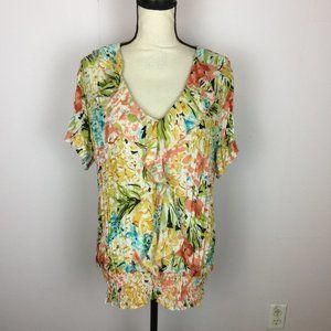 Sunny Leigh Blouse Top 1X Womans Plus Floral Short Sleeve Ruffle Smocked Waist
